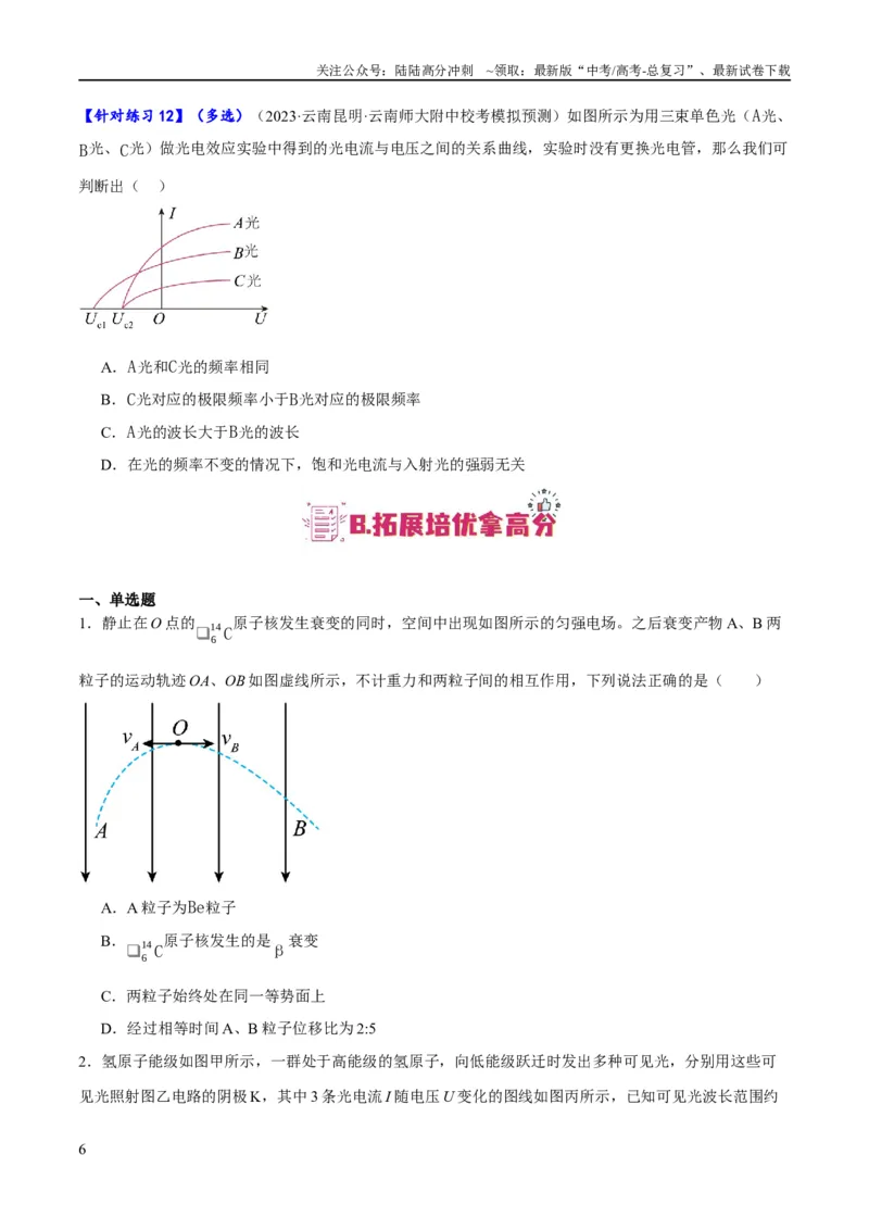 《专题13光电效应及原子结构模型（分层练）（原卷版）_04-物理-高考总复习_二轮复习_2024年_2024年高考物理二轮复习高频考点追踪与预测（新高考专用）_分层练》第6页预览
