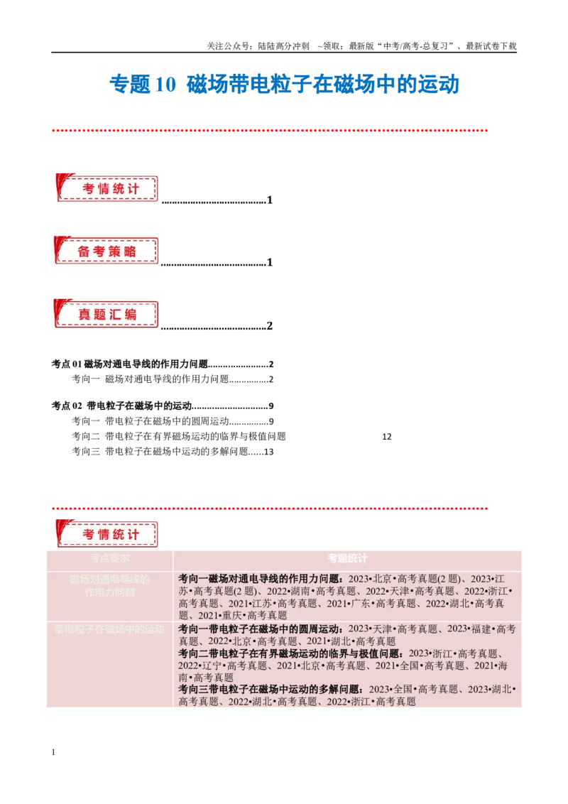 《专题10磁场带电粒子在磁场中的运动（考点解析及应试策略）（原卷版）_04-物理-高考总复习_专项复习_2024年_2024年高考真题考点解析及应试策_资料》第1页预览