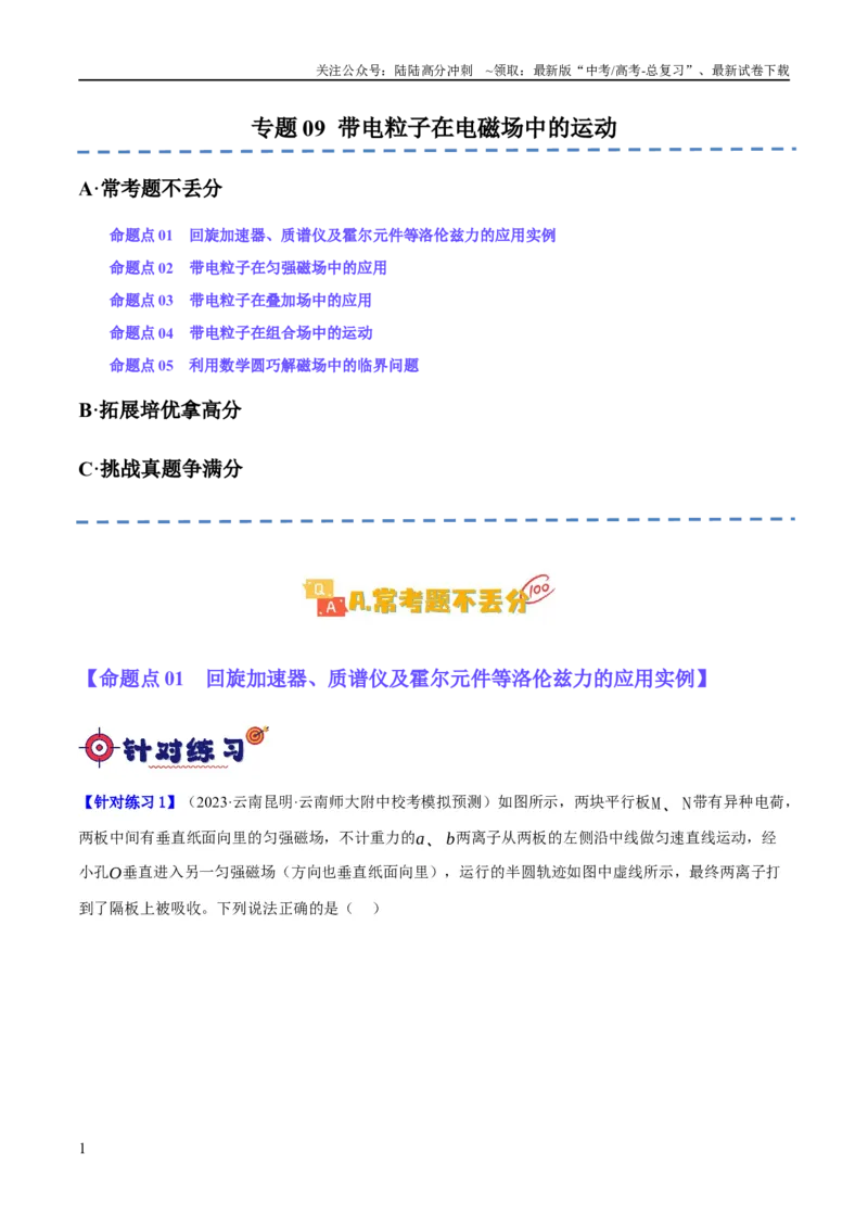 《专题09带电粒子在电磁场中的运动（分层练）（原卷版）_04-物理-高考总复习_二轮复习_2024年_2024年高考物理二轮复习高频考点追踪与预测（新高考专用）_分层练》第1页预览