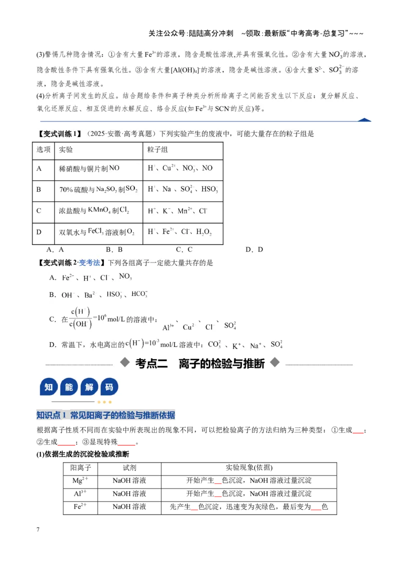 《第3讲离子共存、离子的检验与推断（福建专用）（学生版）_05-化学-高考总复习_一轮复习_2026年-化学高考一轮复习_2026年高考化学一轮课件+讲义+练习（福建专用）-G328》第7页预览