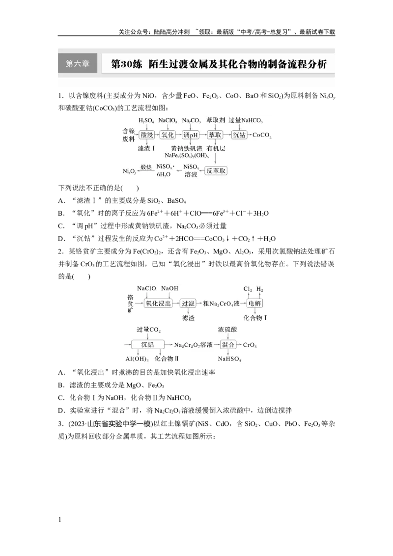《第六章　第30练　陌生过渡金属及其化合物的制备流程分析_05-化学-高考总复习_一轮复习_2025年_2025年大一轮复习讲义人教版化学_资料_1-资料_大一轮复习讲义学生专用_一轮复习74练》第1页预览