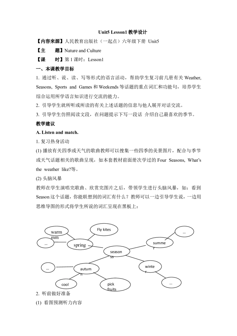 《Unit5Lesson1教学设计_小学1-6年级全科全套_1-6年级全科下册_六年级_英语_人教新起点六年级英语下册_教案_Unit5Lesson1教案》第1页预览