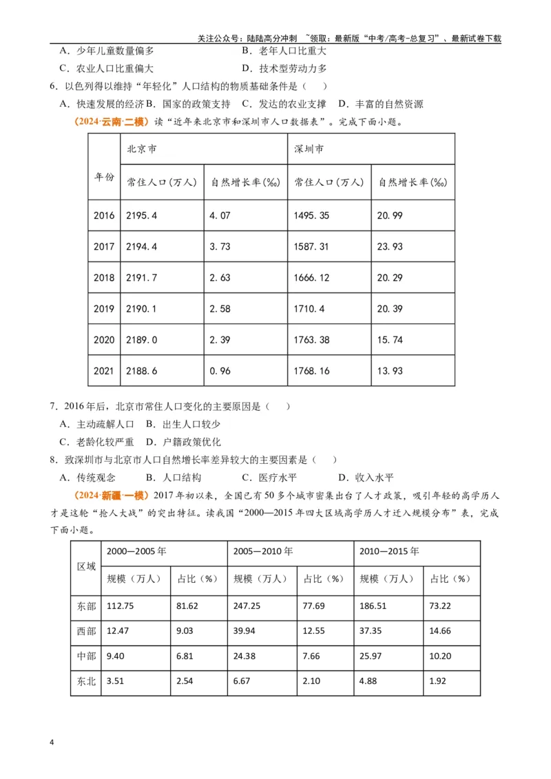 《专题08人口（原卷版）_07-地理-高考总复习_专项复习_2024年_2024年高考真题和模拟题分项汇编地理分类汇编（全国通用）》第4页预览