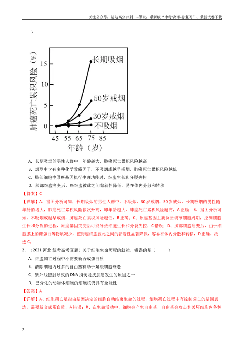 《专题09细胞的分化、衰老、凋亡及癌变（教师版）_06-生物-高考总复习_专项复习_2024年_十年（2014-2023）高考生物真题分项汇编（全国通用）》第7页预览