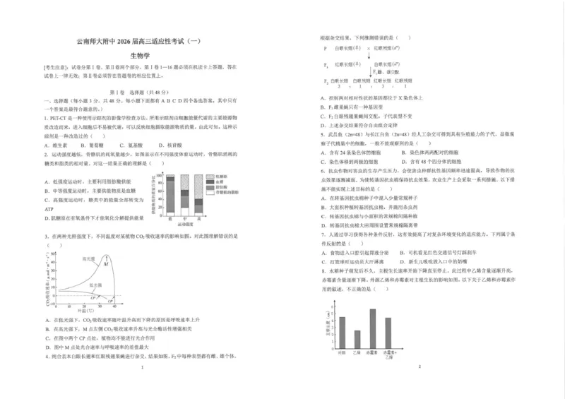 《云南师大附中2026届高考适应性月考卷生物(一)+答案_2024-2027高三（6-6月题库）_2026年06月高三试卷_260601云南师大附中2026届高考适应性月考卷（十）（全科）》第1页预览