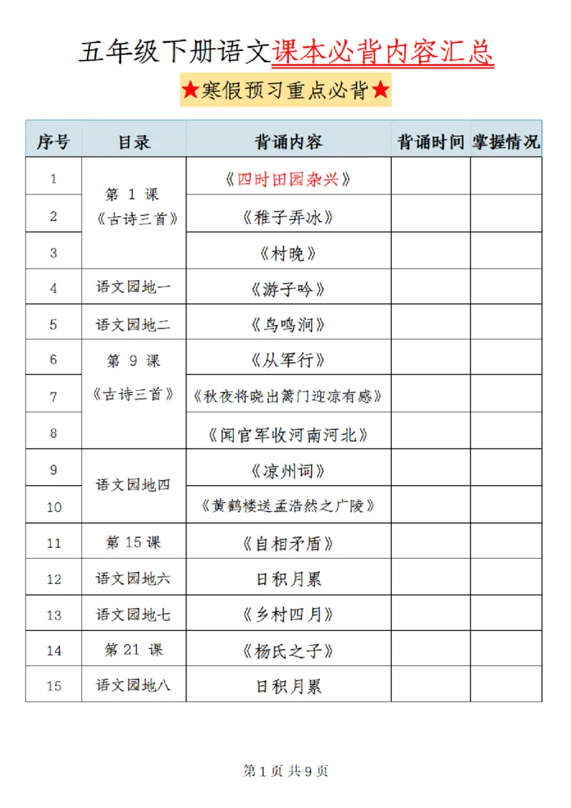 《五年级下册语文课本必背内容汇总_小学1-6年级全科全套_1-6年级全科下册_五年级_其他补充资料_A抖音小红书头条资料_语文》第1页预览