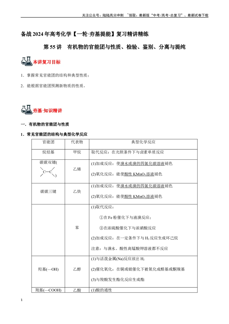 《第55讲有机物的官能团与性质、检验、鉴别、分离与提纯（解析版）_05-化学-高考总复习_一轮复习_2024年_2024年高考化学一轮·夯基提能复习精讲精练_资料》第1页预览