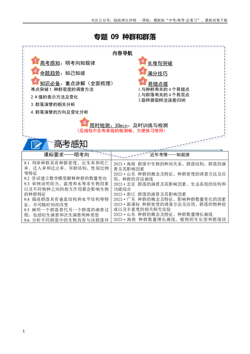 《专题09种群和群落（教师版）_06-生物-高考总复习_专项复习_2024年_2024年高考生物热点·重点·难点专练（新高考专用）》第1页预览