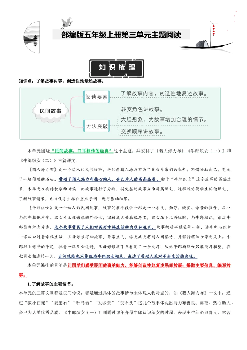 《五（上）语文：第3单元主题阅读（知识梳理+精选阅读）_小学1-6年级全科全套_1-6年级全科上册_五年级_五年级上语文_语文五上阅读理解专项》第1页预览