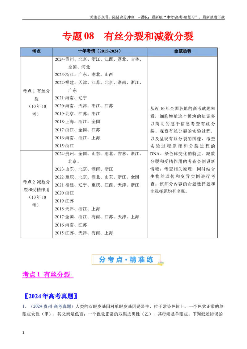 《专题08有丝分裂和减数分裂-（全国通用）（原卷版）_06-生物-高考总复习_专项复习_2025年_十年（2015-2024）高考生物真题分类汇编（全国通用）》第1页预览