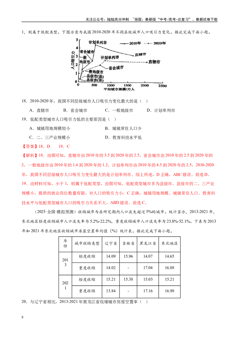 《专题08人口与城市（练习）（教师版）_07-地理-高考总复习_二轮复习_2025年_2025年高考地理二轮复习课件+讲义+练习（新高考通用）_专题8人口、乡村和城镇》第8页预览