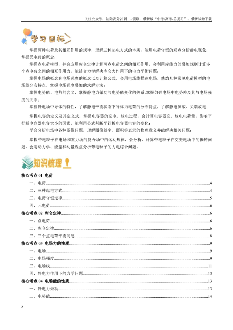 《专题10静电场（学生版）_04-物理-高考总复习_一轮复习_2025年_2025年高考物理一轮复习知识清单（全国通用）》第2页预览