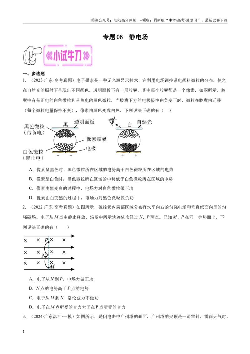 《专题06静电场（原卷版）_04-物理-高考总复习_专项复习_2024年_2024年高考物理考点冲刺专练_资料_1-资料》第1页预览