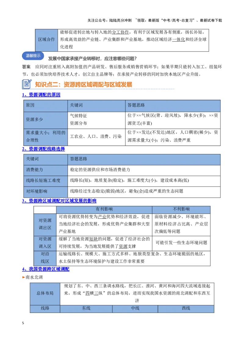 《专题20区域合作与协调发展（思维导图+4大知识点+5个能力拓展）_07-地理-高考总复习_一轮复习_2025年_2025年高考地理一轮复习知识清单（全国通用）》第5页预览