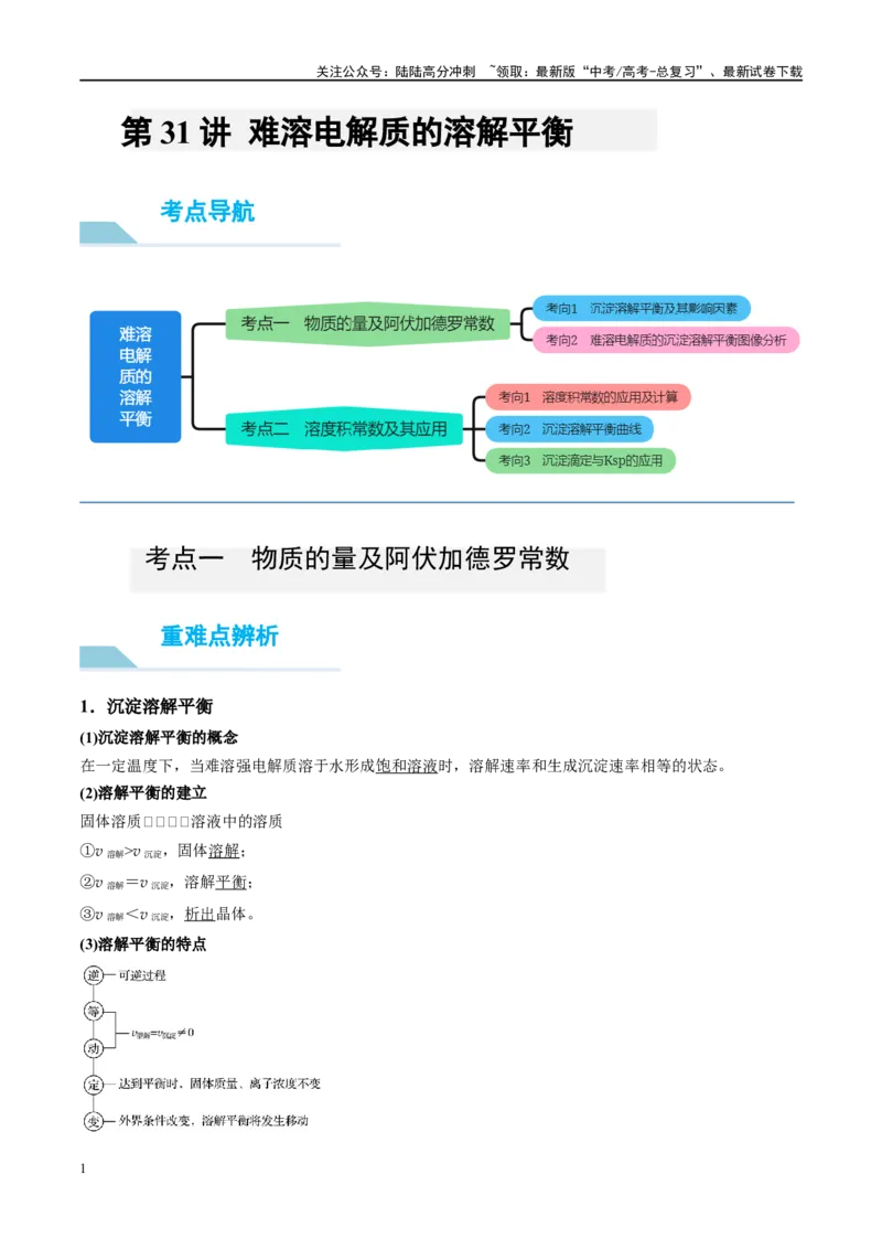 《第31讲难溶电解质的溶解平衡（讲义）-（解析版）_05-化学-高考总复习_一轮复习_2024年_2024年高考化学大一轮复习卓越讲义_资料》第1页预览