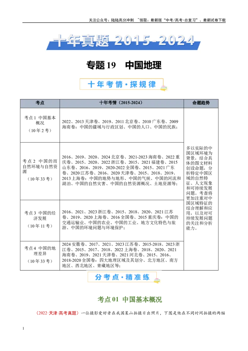 《专题19中国地理-（原卷版）_07-地理-高考总复习_专项复习_2025年_十年（2015-2024）高考地理真题分类汇编（全国通用）》第1页预览