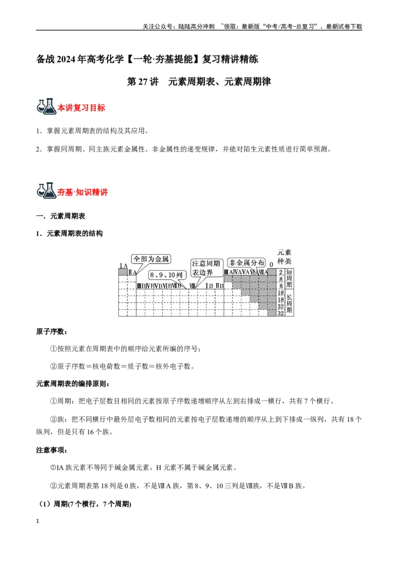 《第27讲元素周期表、元素周期律（原卷版）_05-化学-高考总复习_一轮复习_2024年_2024年高考化学一轮·夯基提能复习精讲精练_资料》第1页预览