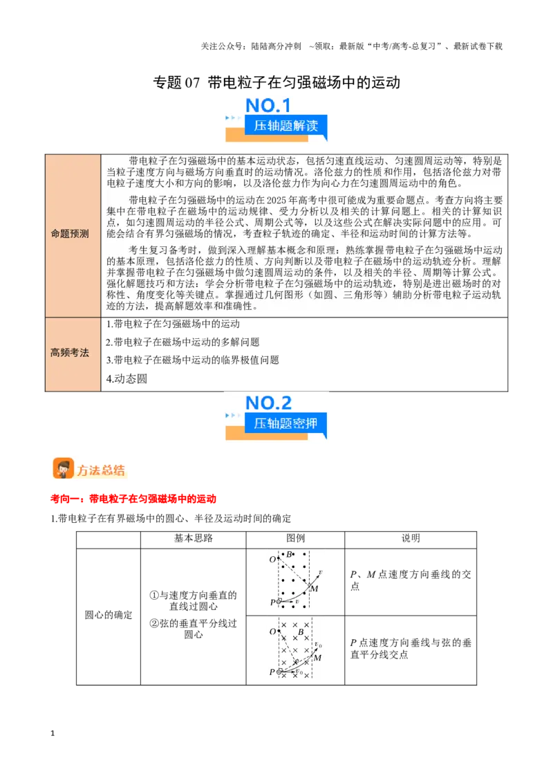 《专题07带电粒子在匀强磁场中的运动（学生版）-19页_04-物理-高考总复习_专项复习_2025年_2025年高考物理压轴题专项训练（新高考通用）_资料》第1页预览
