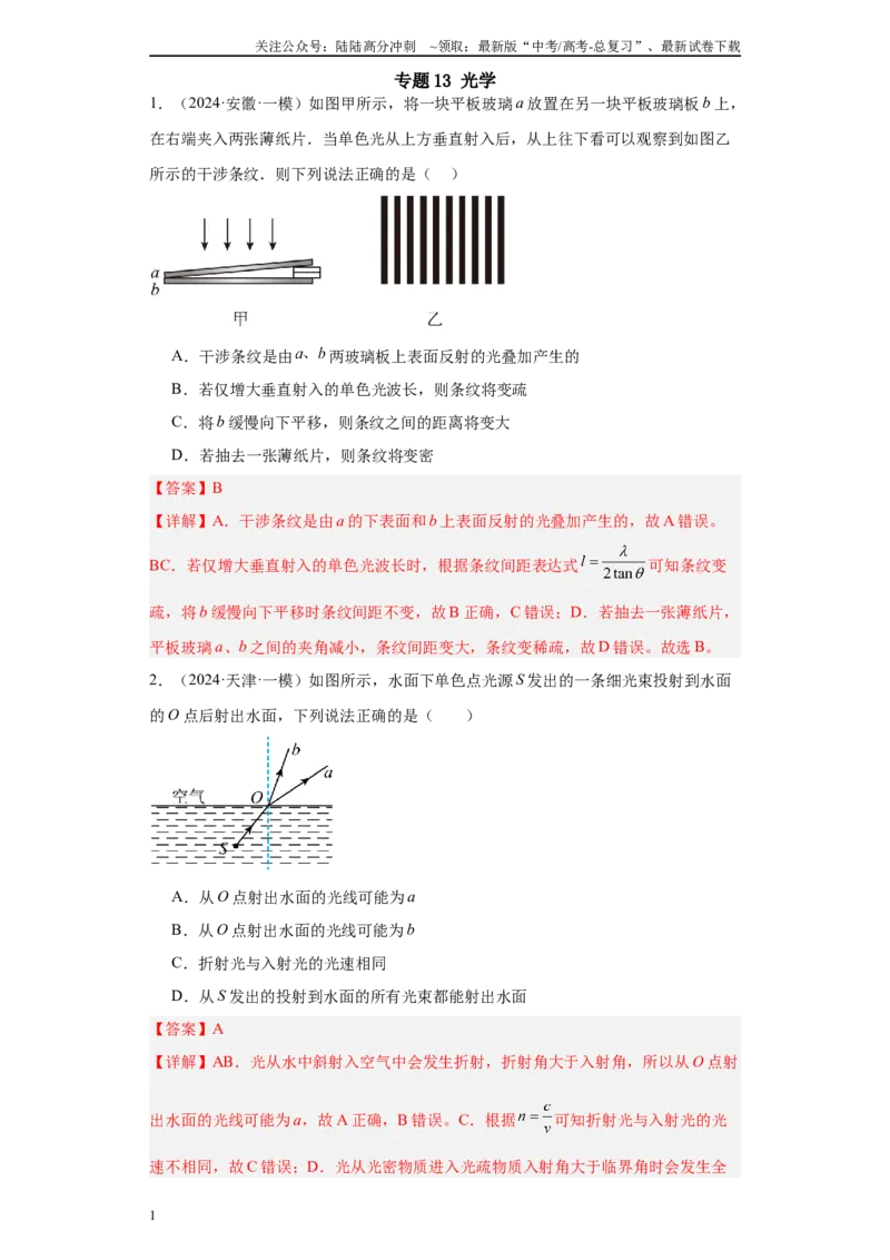 《专题13光学(解析版)_04-物理-高考总复习_专项复习_2025年_2024年高考一模试题分类汇编物理新高考专用》第1页预览