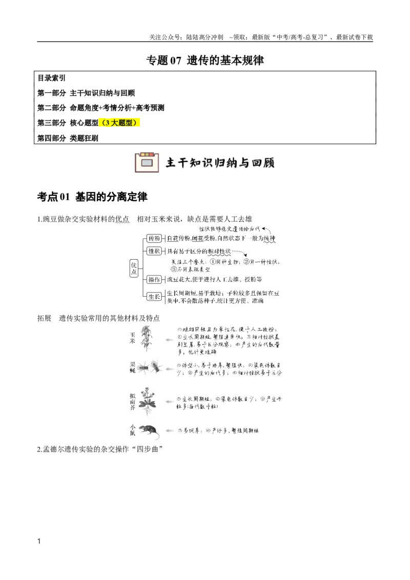 《专题07遗传的基本规律（教师版）_06-生物-高考总复习_专项复习_2024年_2024年高考生物总复习核心题型解读与全攻略新教材_资料》第1页预览