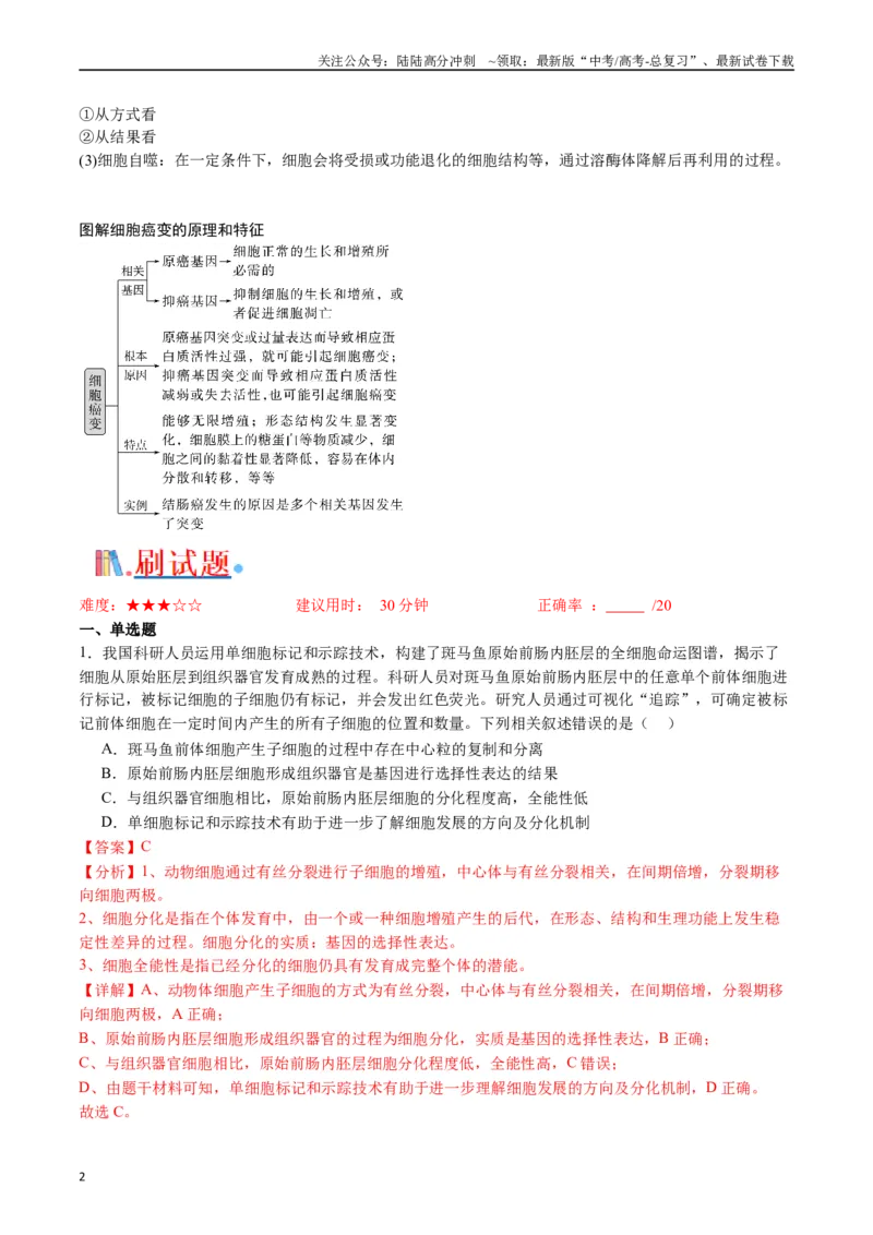 《专题09细胞的分化、衰老、凋亡及癌变（解析版）_06-生物-高考总复习_专项复习_2024年_2024年高考生物经典小题必刷_资料》第2页预览