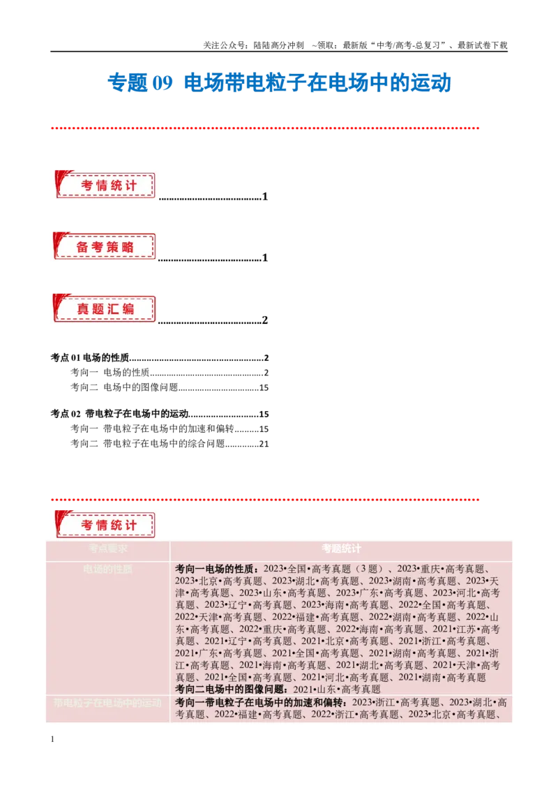 《专题09电场带电粒子在电场中的运动（考点解析及应试策略）（原卷版）_04-物理-高考总复习_专项复习_2024年_2024年高考真题考点解析及应试策_资料》第1页预览