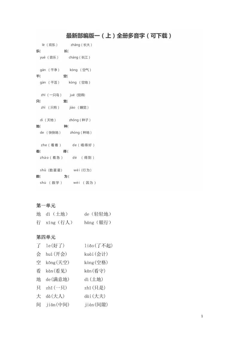 《最新部编版一（上）全册多音字_小学1-6年级全科全套_1-6年级全科上册_一年级_语文_语文一上期末归类复习》第1页预览