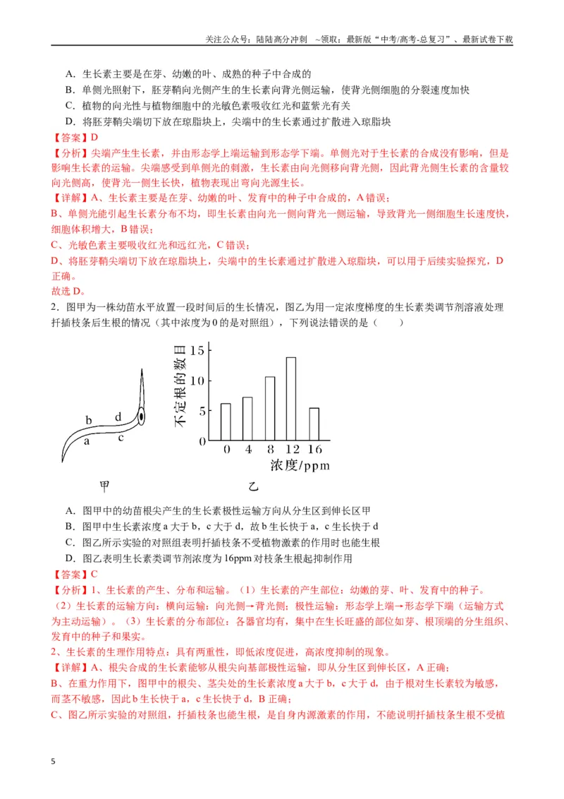 《专题15植物的生命活动调节（解析版）_06-生物-高考总复习_专项复习_2024年_2024年高考生物经典小题必刷_资料》第5页预览