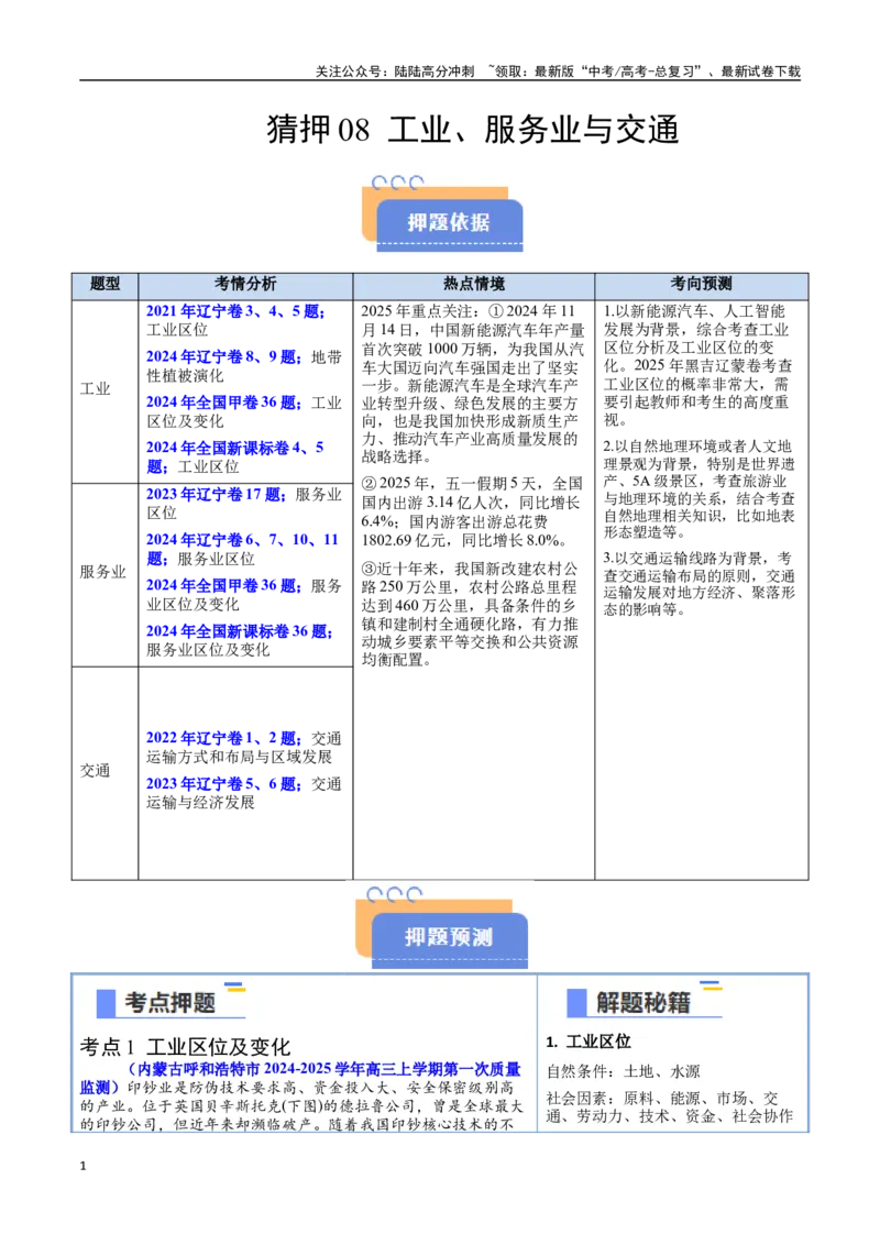 《猜押08工业、服务业与交通（教师版）_07-地理-高考总复习_专项复习_2025年_2025年高考地理抢押秘籍（黑吉辽蒙专用）》第1页预览