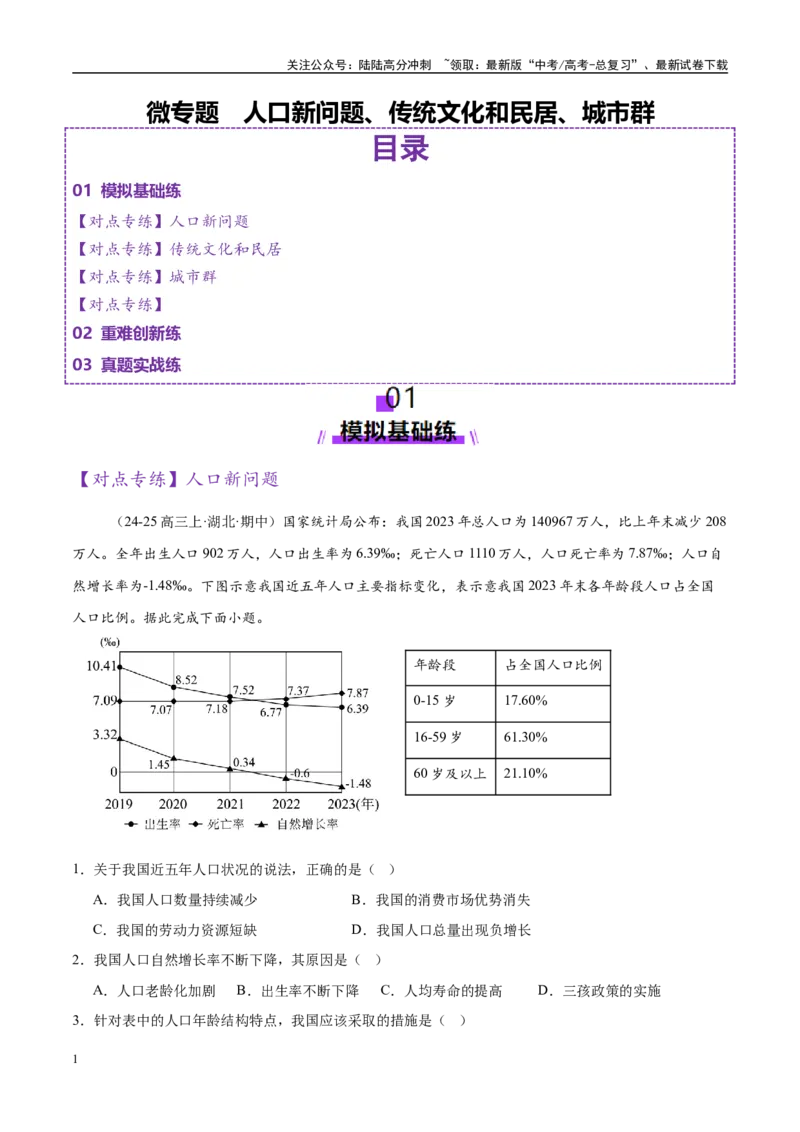 《微专题人口新问题、传统文化和民居、城市群（练习）（学生版）_07-地理-高考总复习_二轮复习_2025年_2025年高考地理二轮复习课件+讲义+练习（新高考通用）_专题8人口、乡村和城镇》第1页预览
