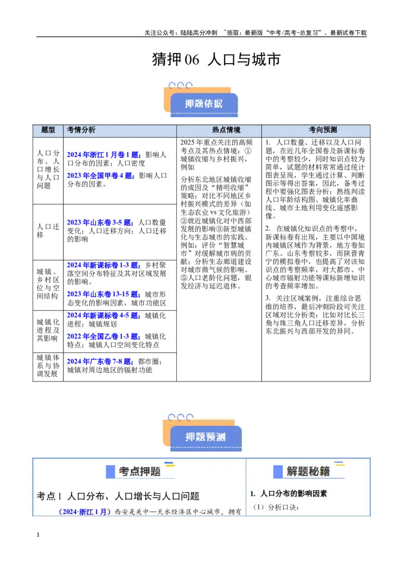 《猜押06人口与城市（教师版）_07-地理-高考总复习_专项复习_2025年_2025年高考地理抢押秘籍（陕西、山西、宁夏、青海专用）》第1页预览