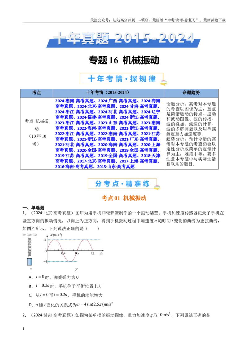 《专题16机械振动-（全国通用）（原卷版）_04-物理-高考总复习_专项复习_2025年_十年（2015-2024）高考物理真题分类汇编（全国通用）》第1页预览