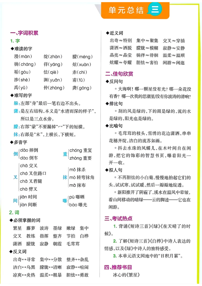 《四年级语文下册各单元总结_小学1-6年级全科全套_1-6年级全科下册_四年级_四年级下语文_语文四下单元知识点》第3页预览