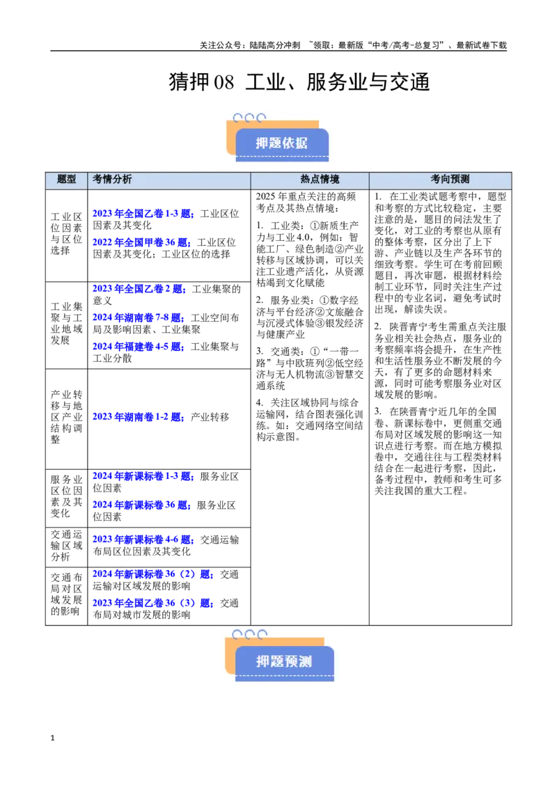 《猜押08工业、服务业与交通（教师版）_07-地理-高考总复习_专项复习_2025年_2025年高考地理抢押秘籍（陕西、山西、宁夏、青海专用）》第1页预览