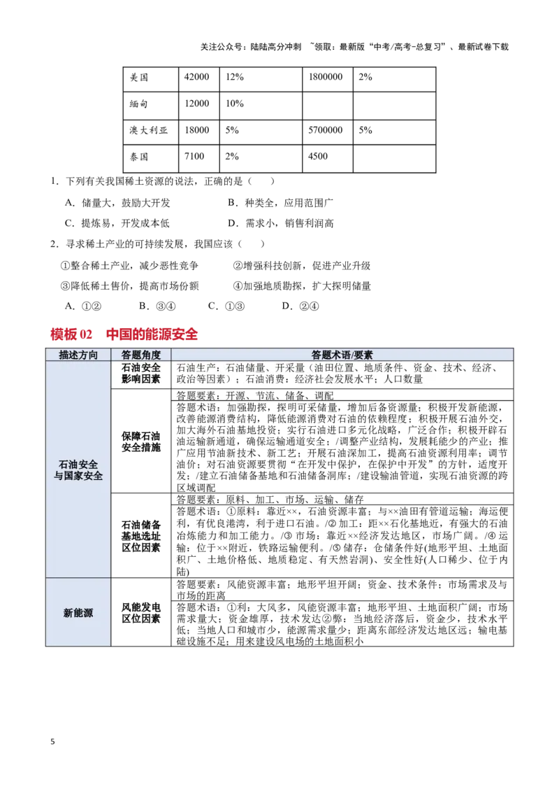 《模板11资源、环境与国家发展（答题模板）-（原卷版）_07-地理-高考总复习_专项复习_2025年_2025年高考地理答题技巧与答题模板（全国通用）》第5页预览