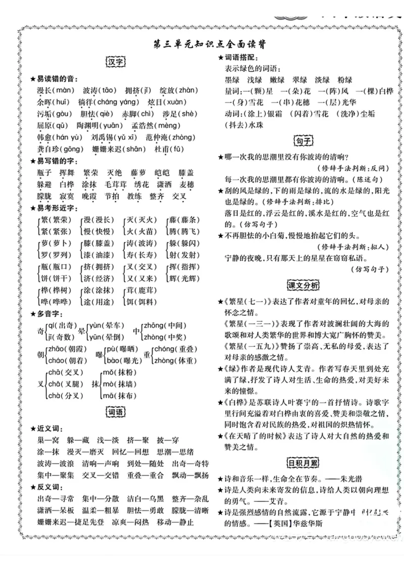 《四年级语文下册1-8单元知识点全面读背_小学1-6年级全科全套_1-6年级全科下册_四年级_四年级下语文_语文四下单元知识点》第3页预览