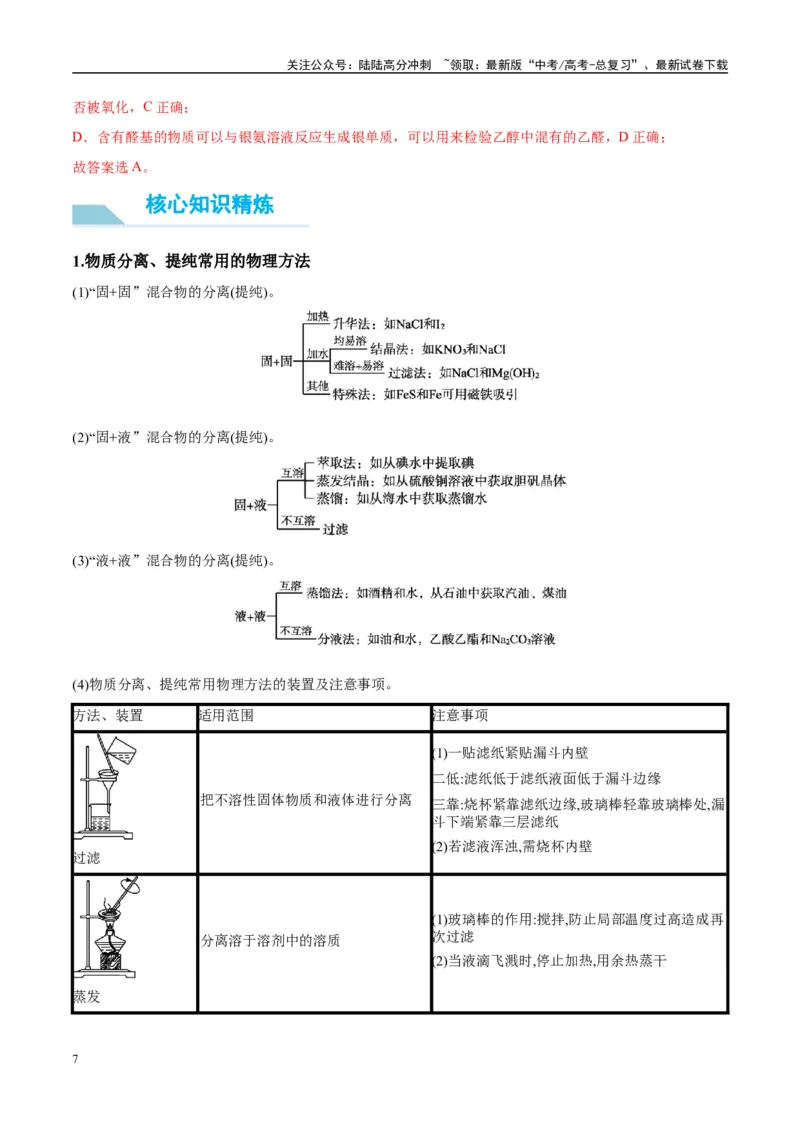 《（能力版）微专题43常见物质的分离、提纯和鉴别-（教师版）(全国版)_05-化学-高考总复习_一轮复习_2024年_2024高考化学一轮复习考点微专题考情分析经_资料_2025版》第7页预览
