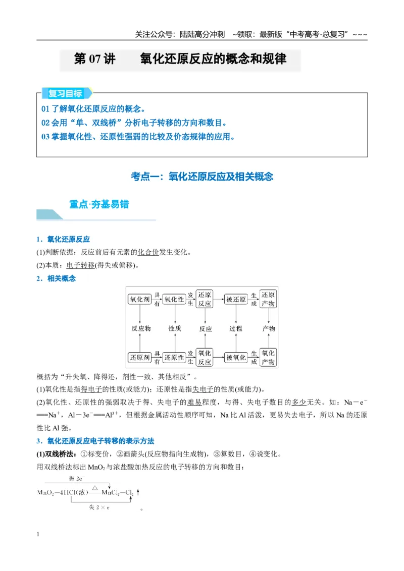 《（重点·方法·点拨）第07讲氧化还原反应的概念和规律-（教师版）_05-化学-高考总复习_一轮复习_2026年-化学高考一轮复习_2026年高考化学大一轮复习卓越讲义重难点-G355_资料》第1页预览
