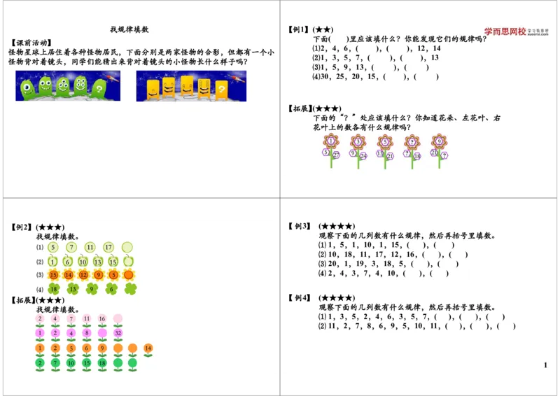 《找规律填数_小学1-6年级全科全套_2024更新专题_小学奥数专题资料_7、精品课程合集_学而思小学1-6年级奥数竞赛班视频课程285讲_一年级奥数（竞赛班）45讲_第17讲：找规律填数》第1页预览