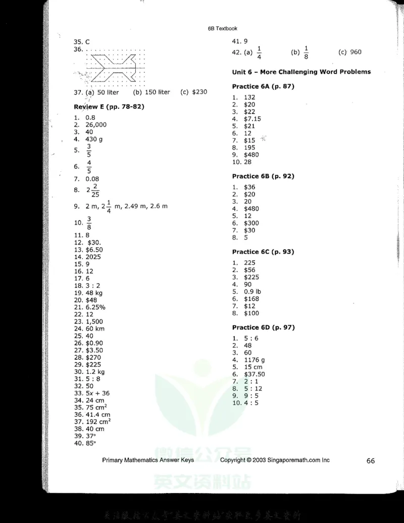 《新加坡PrimaryMathematics6BAnswerkey_小初高学习资料合集（每天更新）_国外原版英文教辅汇总_新加坡小学数学PrimaryMathematics》第6页预览
