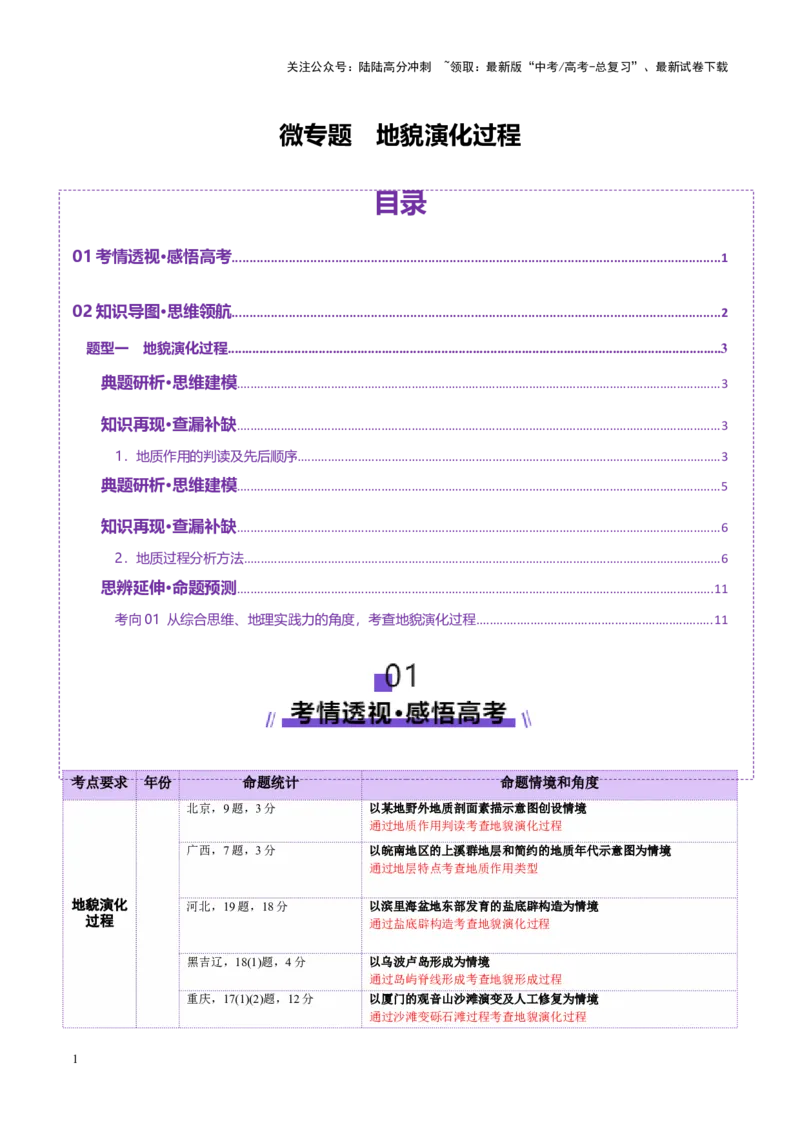 《微专题地貌演化过程（讲义）（学生版）_07-地理-高考总复习_二轮复习_2025年_2025年高考地理二轮复习课件+讲义+练习（新高考通用）_专题5地质地貌》第1页预览