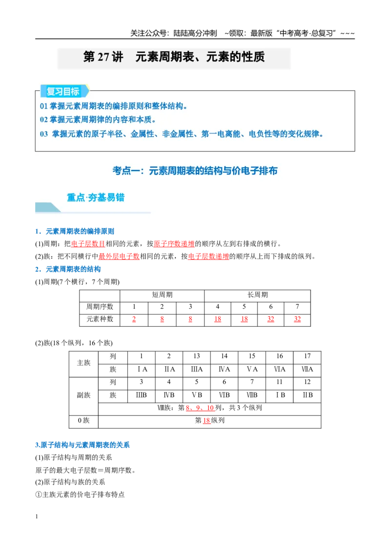 《（重点·方法·点拨）第27讲元素周期表、元素的性质-（教师版）_05-化学-高考总复习_一轮复习_2026年-化学高考一轮复习_2026年高考化学大一轮复习卓越讲义重难点-G355_资料》第1页预览