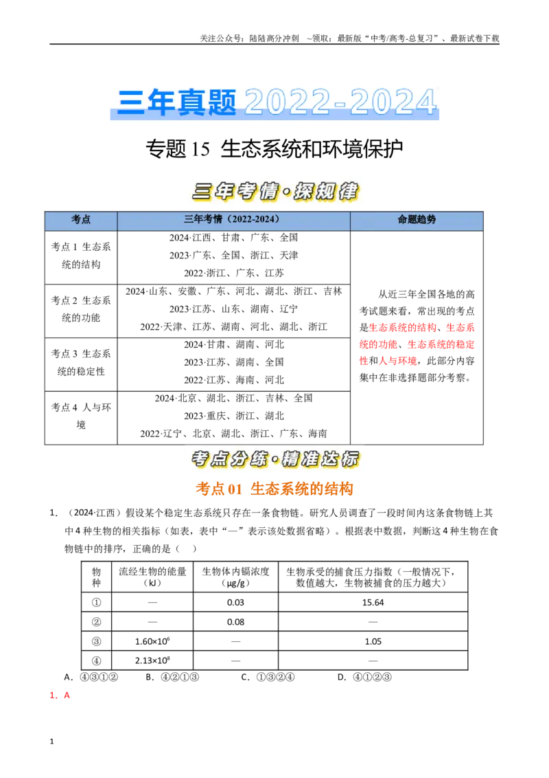《专题15生态系统和环境保护（解析版）_06-生物-高考总复习_专项复习_2025年_五年2020-2024高考真题分类汇编生物真题分类汇编（全国通用）》第1页预览