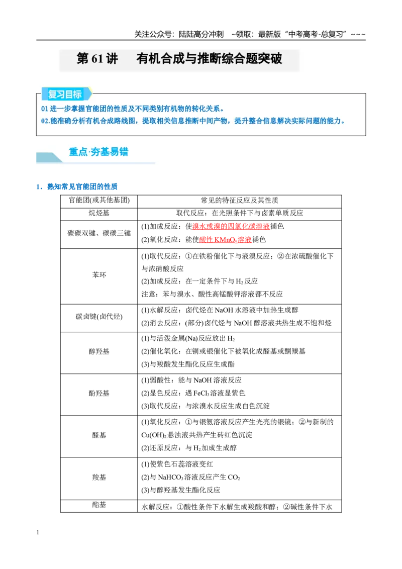 《（重点·方法·点拨）第61讲有机合成与推断综合题突破-（教师版）_05-化学-高考总复习_一轮复习_2026年-化学高考一轮复习_2026年高考化学大一轮复习卓越讲义重难点-G355_资料》第1页预览