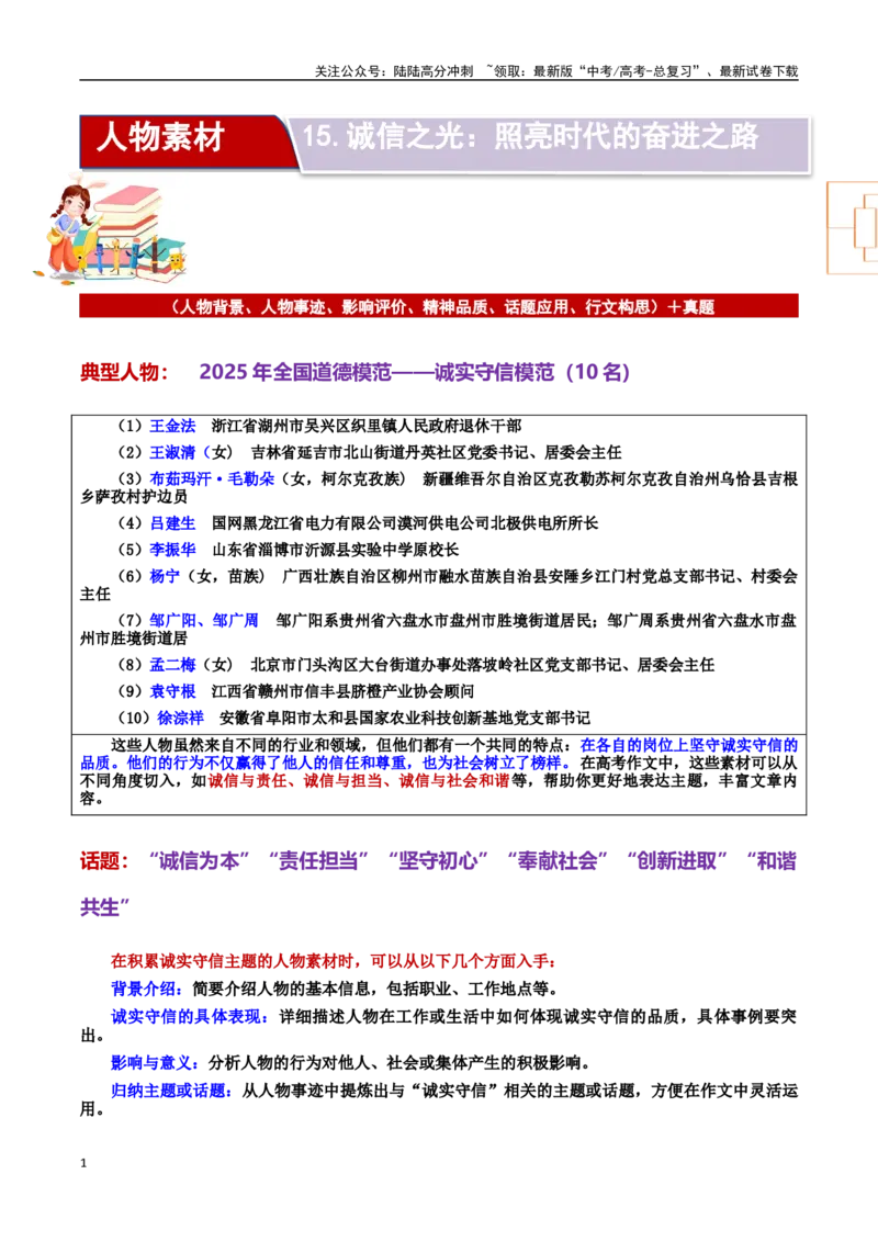 《专题152025年道德模仿：诚信之光：照亮时代的奋进之路：素材＋标题＋行文结构＋真题_专项复习_2025年_2025年高考语文冲刺写作主题人物素材加油包》第1页预览