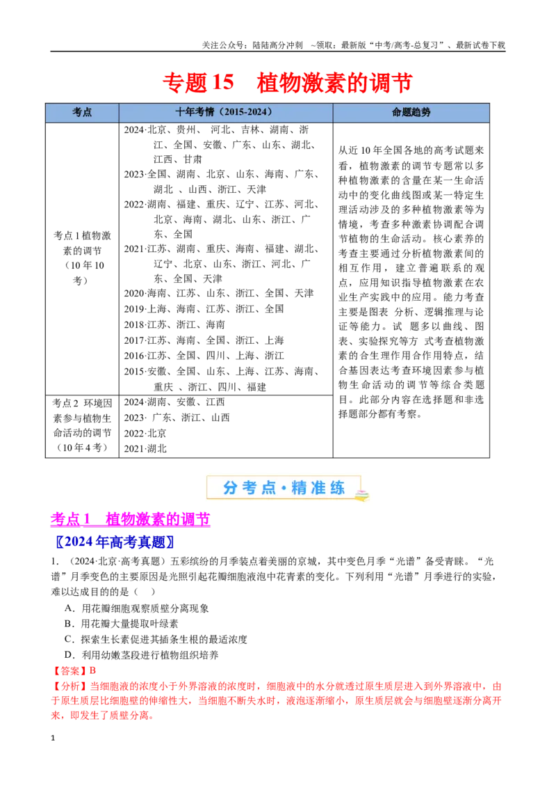 《专题15植物激素的调节-（全国通用）（解析版）_06-生物-高考总复习_专项复习_2025年_十年（2015-2024）高考生物真题分类汇编（全国通用）》第1页预览