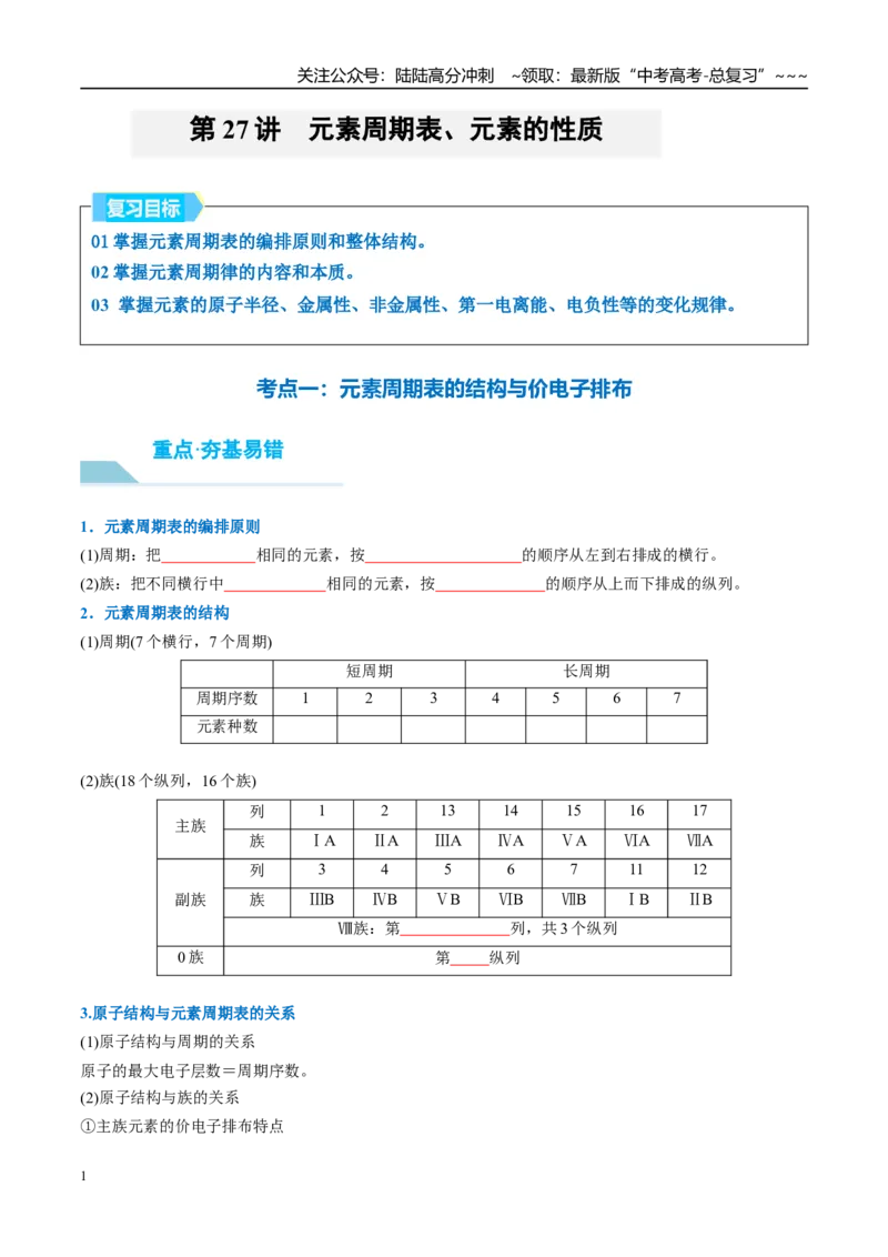《（重点·方法·点拨）第27讲元素周期表、元素的性质-（学生版）_05-化学-高考总复习_一轮复习_2026年-化学高考一轮复习_2026年高考化学大一轮复习卓越讲义重难点-G355_资料》第1页预览