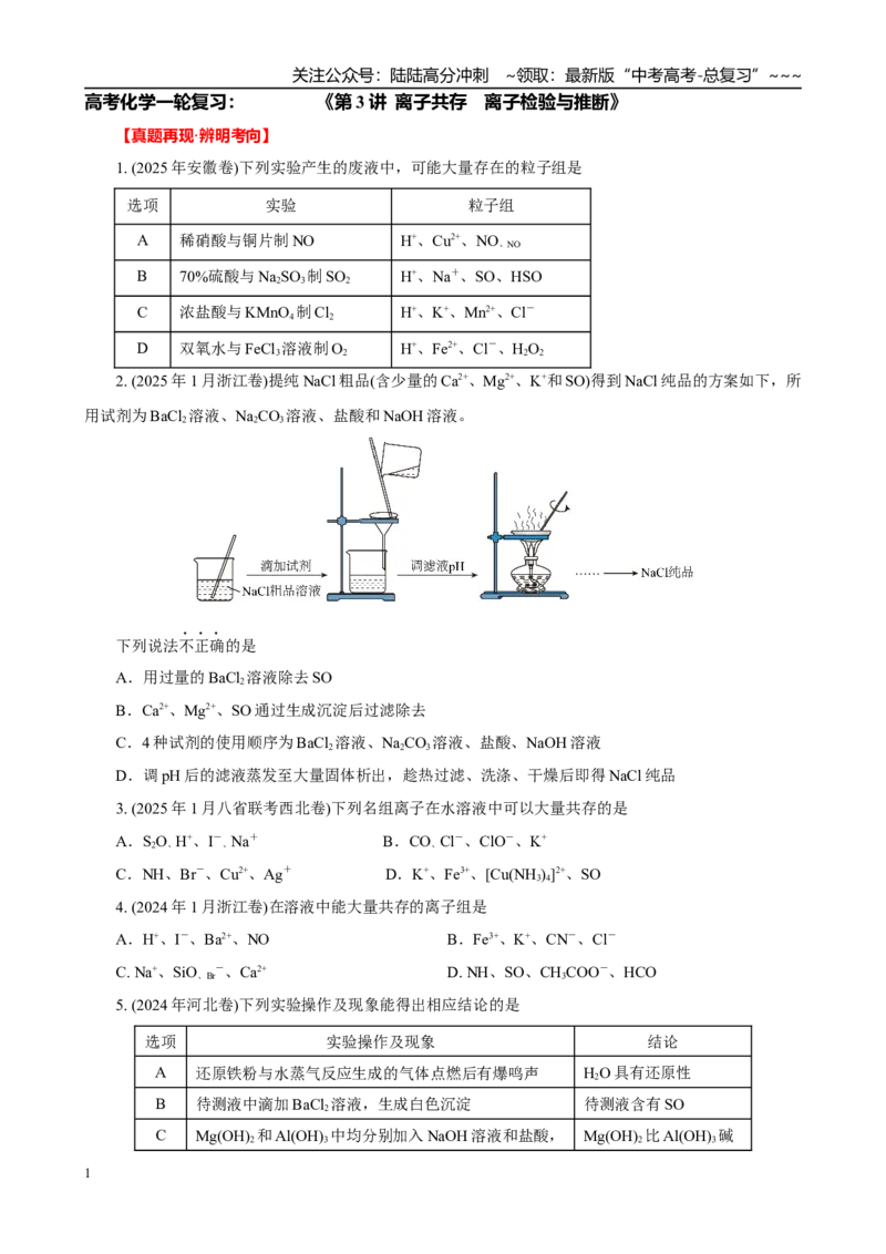 《高考化学一轮复习：《第3讲离子共存　离子检验与推断》巩固训练(学生版)_05-化学-高考总复习_一轮复习_2026年-化学高考一轮复习_32026届高考化学一轮复习巩固练习》第1页预览