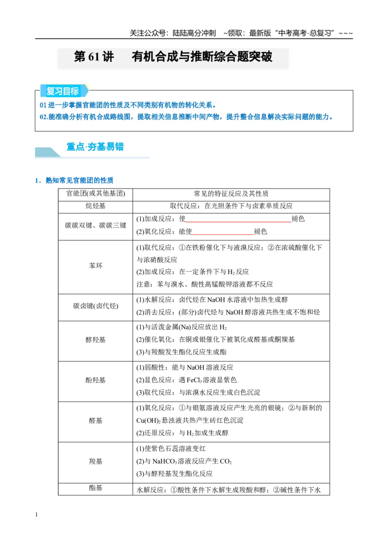 《（重点·方法·点拨）第61讲有机合成与推断综合题突破-（学生版）_05-化学-高考总复习_一轮复习_2026年-化学高考一轮复习_2026年高考化学大一轮复习卓越讲义重难点-G355_资料》第1页预览