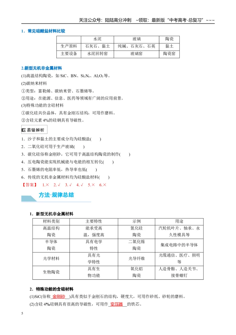 《（重点·方法·点拨）第15讲硅　无机非金属材料-（教师版）_05-化学-高考总复习_一轮复习_2026年-化学高考一轮复习_2026年高考化学大一轮复习卓越讲义重难点-G355_资料》第5页预览